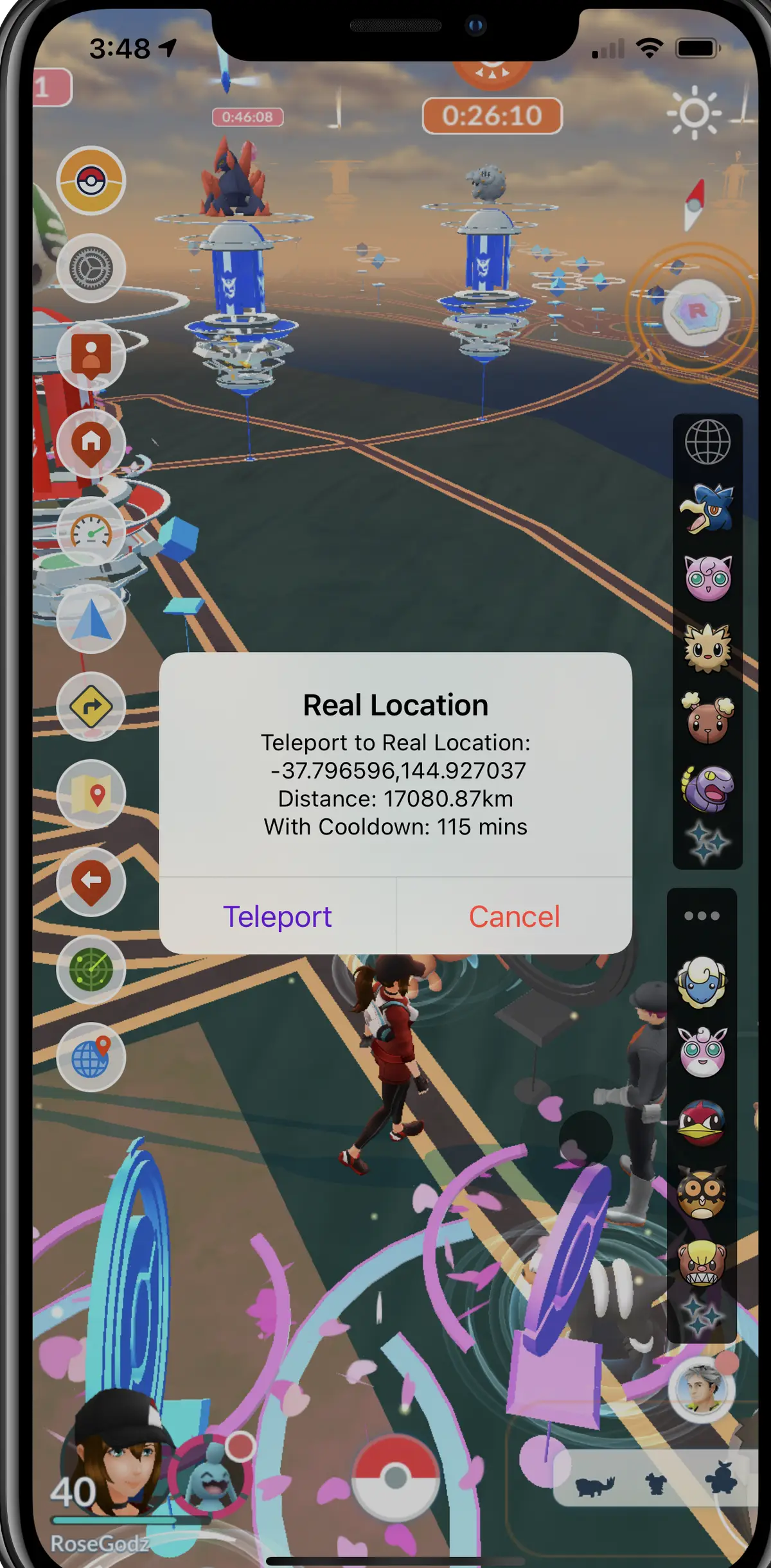 SpooferPro teleport prompt over the game map, showing the distance and the cooldown